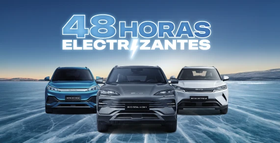 Imagen de gama con los modelos ATTO 3, ATTO 2 y SEAL U DM-i y texto 48 horas electrizantes